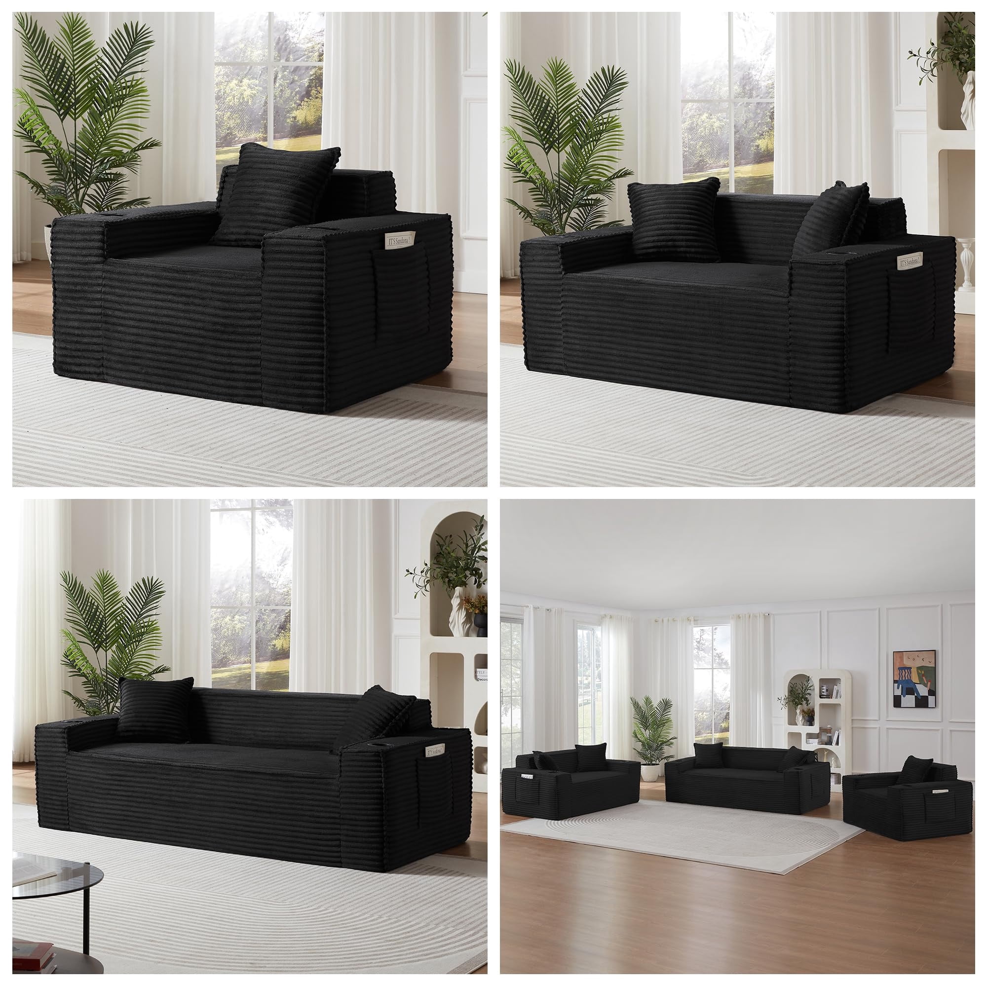 Aukfa 3 Piece Boneless Couch Set, Small Loveseat Cloud Sofa for Living Room, 2 Cup Holders&Storage Pockets, Corduroy, Camel