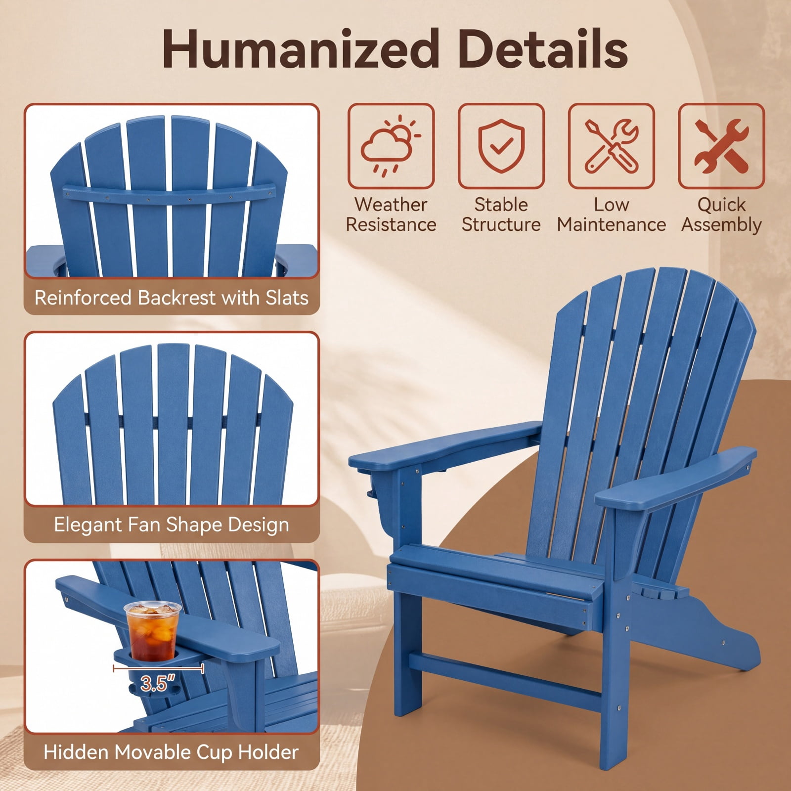 Furnibear Weather Resistant HIPS Outdoor Adirondack Chair with Hidden Cup Holder and High Backrest for Garden Patio and Poolside, Navy
