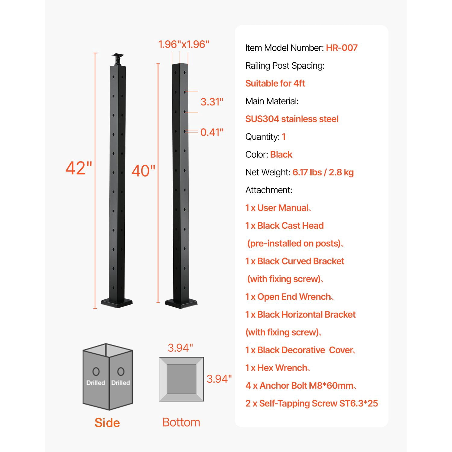 L-Type Hole Cable Railing Post 42", SUS304 Stainless Steel, 12 Pairs of Holes, 3" Spacing, for Corner Deck Stairs Balcony Railing
