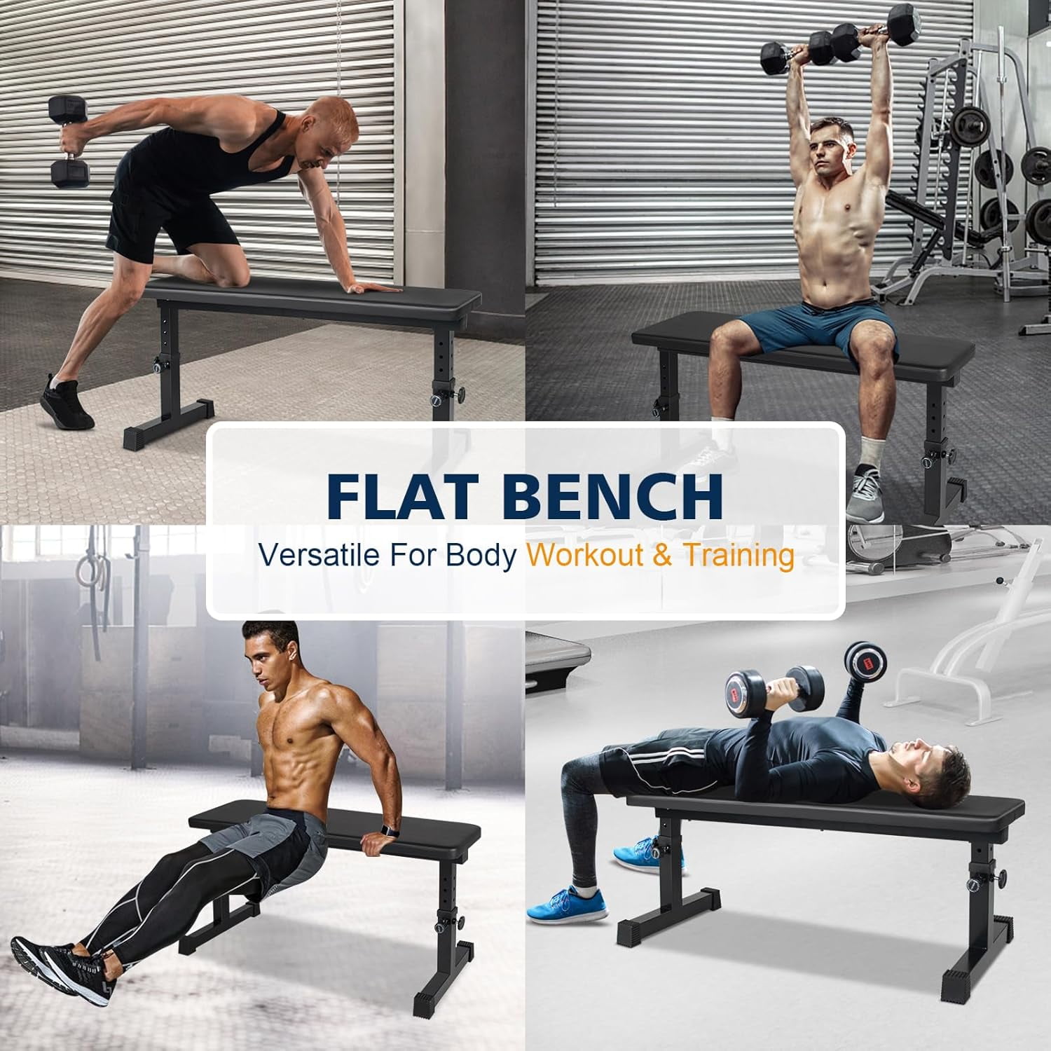 HooKung Adjustable Weight Bench Heavy Duty Steel Flat Workout Bench for Home Gym with Quick Assembly, Anti-Slip Base Multi-Functional Strength Training Bench for Full-Body Workouts
