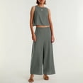 thumbnail image 5 of Women's Solid Color Linen 2 Piece Set Sleeveless Crop Top With Buttons And Wide Leg Pants Women Sweat Suits Sequin Suits for Women Petite Pant Suit for Women Straight Leg Dress Pants for Women Pants, 5 of 7