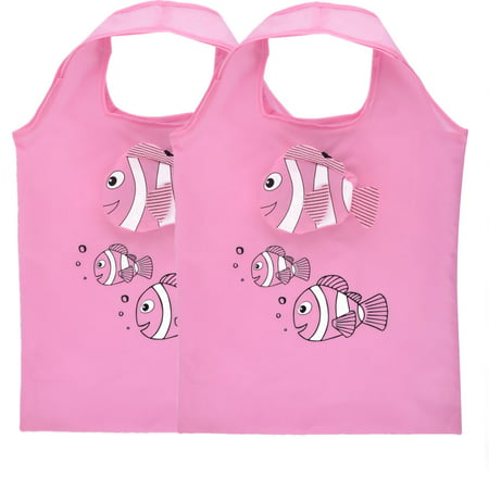 Polyester Fish Pattern Shoulder Hand Carrier Foldable Shopping Bag Pink 2pcs