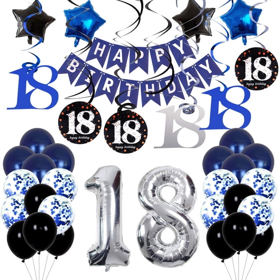 18th Birthday Decorations for Boys and KKS1 Girls Dark Blue, HAPPY BIRTHDAY Banner Silver Number 18 Balloons, Deep Blue Theme Party for Him - 18 Years Old Birthday Party Supplies Kit for Her