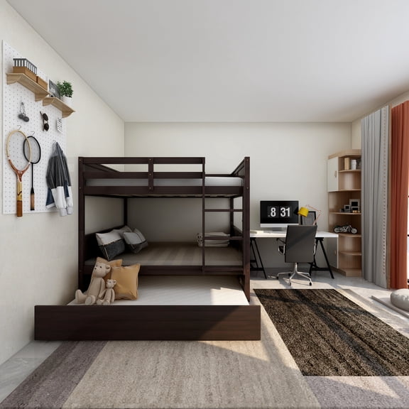 Full Over Full Bunk Bed with Twin Size Trundle, Walnut
