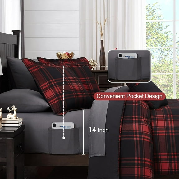 MAIREVE Full Size Comforter Sets, Red Black Plaid Comforter Set 7 Pieces, All Season Bedding Sets Full, Festival Bedding Warm and Breathable 80"*90"(Red, Full)