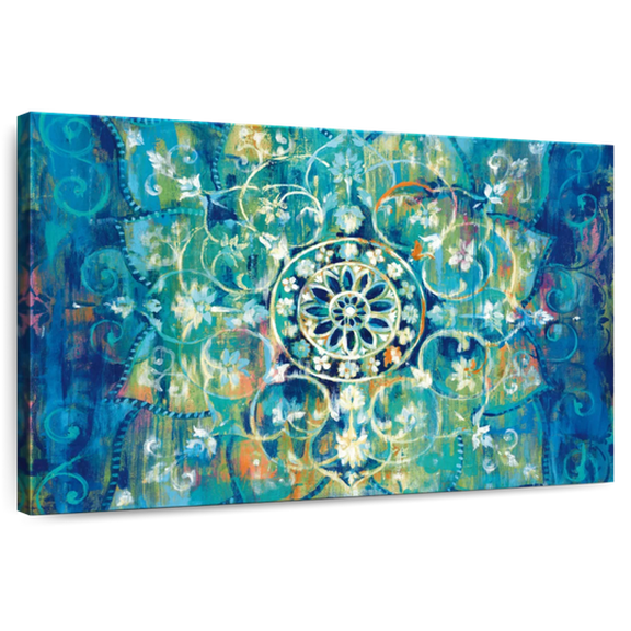 Elephant Stock Mandala In Blue Bright Wall Art - Horizontal Canvas Wall Art - Hallway Wall Decor - Decor Elements Canvas - Blue And Beige Decor By Danhui Nai - 36" x 24"