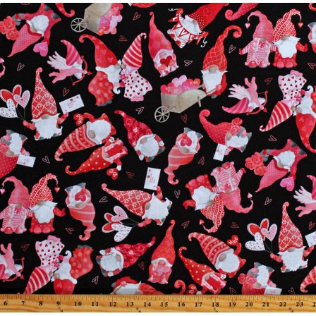Cotton Sweet Gnomes Valentine's Day Hearts Balloons Love Letters Be My Gnomie Black Cotton Fabric Print by the Yard (14085-12)