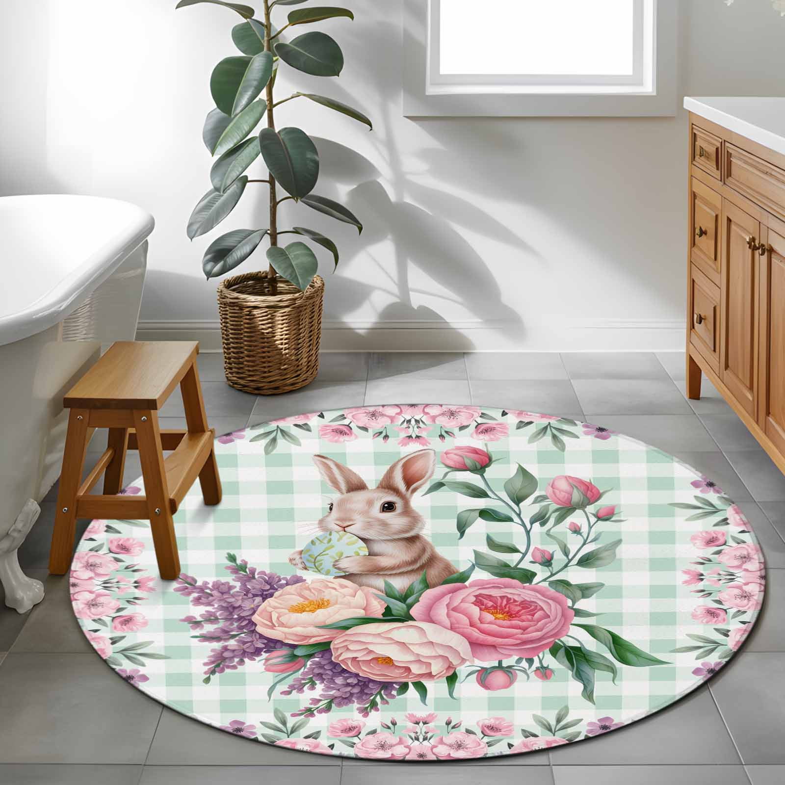 Easter Bunny Roses Round Area Rug 4Ft Washable Circle Rugs for Bedroom Dining Room, Pink Floral Spring Green Buffalo Plaid Non-Slip Carpet Floor Mats Indoor Outdoor Carpet Runner Aesthetic Home Decor