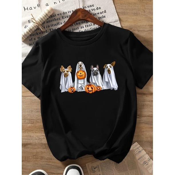 Women's Halloween Dog & Pumpkin Print T-Shirt - Black Short Sleeve Crew Neck Casual Top, Halloween T Shirt, Holiday apparel, Graphic Tee, Festive Shoppers