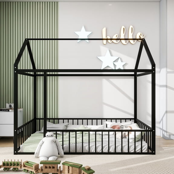 Twin Size Floor Bed, Metal House Bed with Fence, Playhouse Design Montessori Beds Frame, Platform Bed Canopy Bed with Roof, for Girls Boys Bedroom, No Box Spring Needed, Can Be Decorated, Black