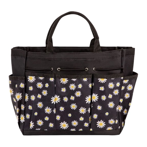 Daisy Print Garden Tool Tote Bag,12.2X5.5X9.8inch Multi-Pocket Gardening Organizer, Heavy Duty Canvas Tool Carrier, Garden Tool Storage Bag, Large Capacity Tote for Gardening Tools Supplies