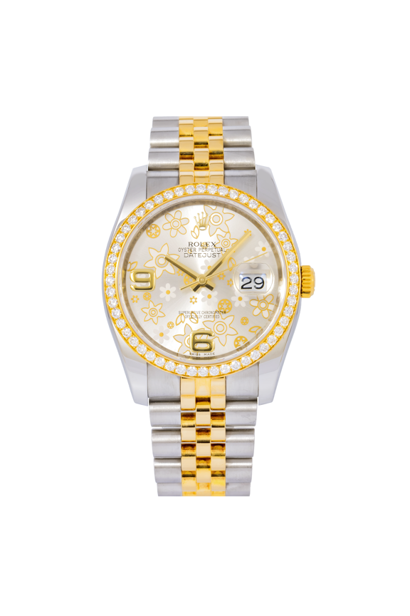 Pre-Owned Rolex Datejust 36MM 116243 Silver Floral Arabic Dial Diamond Bezel Two Tone Yellow Gold Jubilee Bracelet