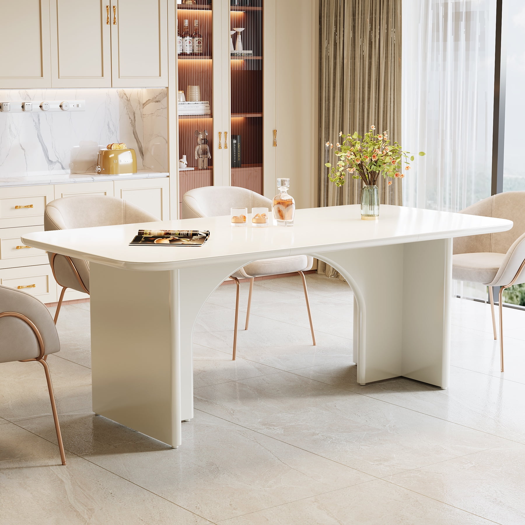 Tribesigns Modern Dining Table for 4-6 People, 63" Large Rectangle Kitchen Table with Arch Design Legs, Cream White Dinner Table Kitchen & Dining Room Furniture