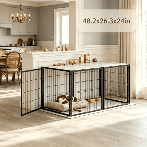 Imountek 48.2in Indoor Dog Crate with PVC Top Cover, Heavy Duty Metal Dog Kennel with Flexible Door Placement for Small, Medium Dogs, Black