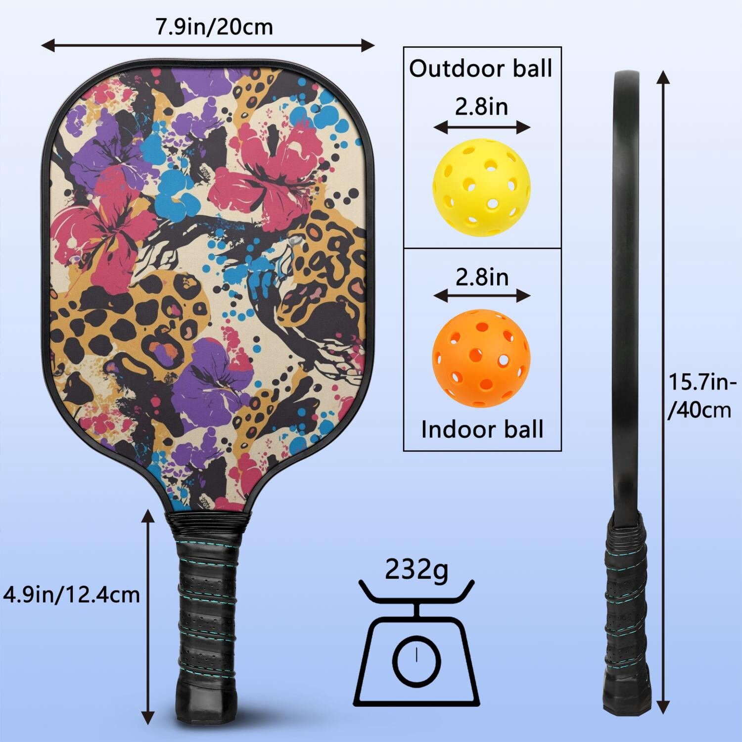 Pickleball Paddles Set Of 2, Fiberglass Surface, Spring Floral Print, 4 Balls & Bag
