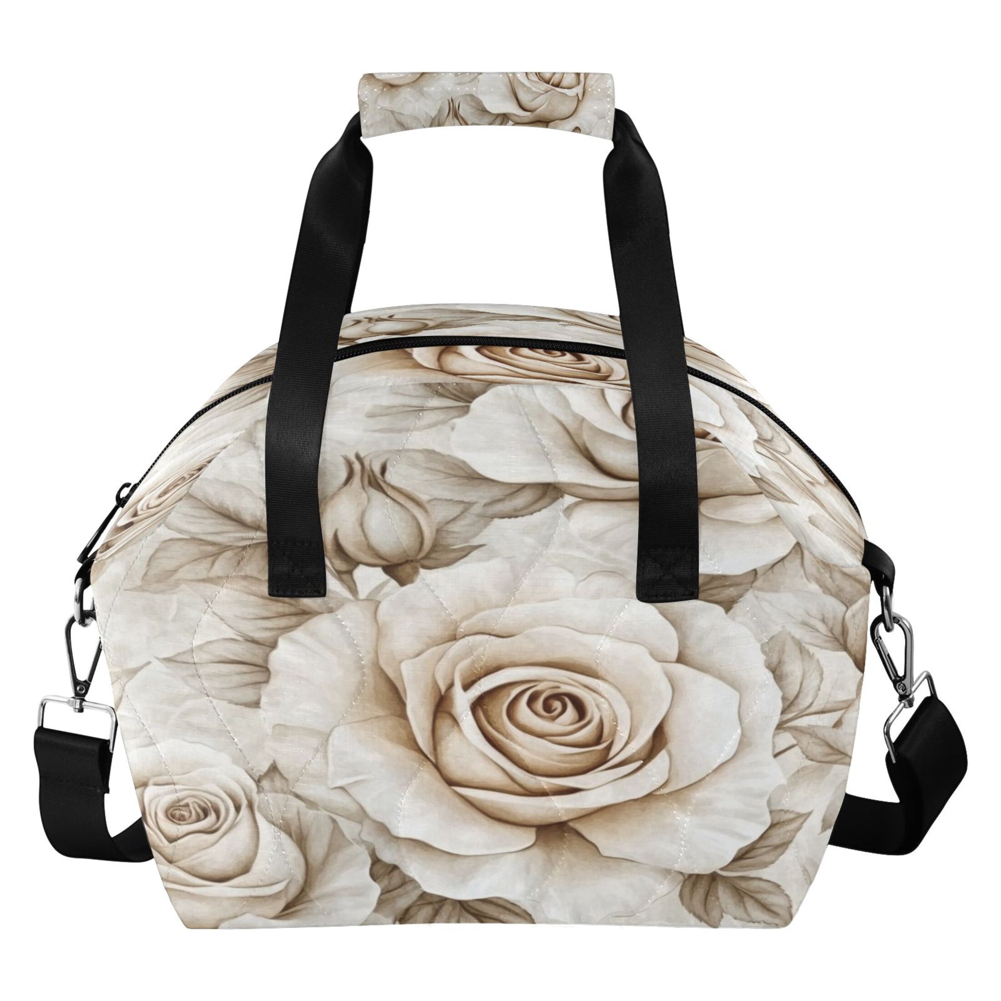 Quilted Handheld Insulated Lunch Bag Food-Grade EVA Liner Leakproof Portable Crossbody Bento Bag for Students Office Workers Cartoon White Flowers Seamless