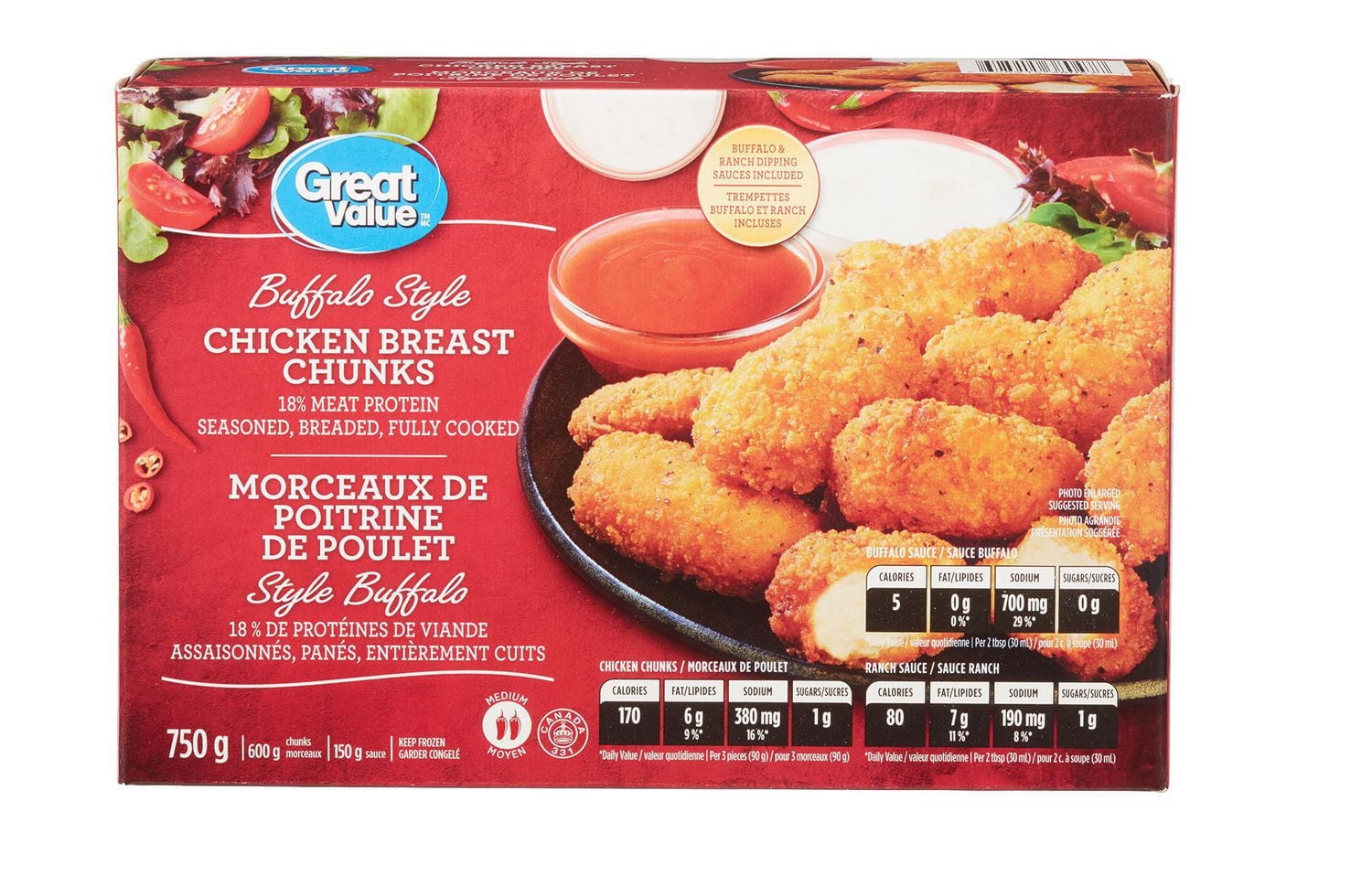 Great Value Frozen Buffalo Style Chicken Breast Chunks with Buffalo & Ranch Dipping Sauce