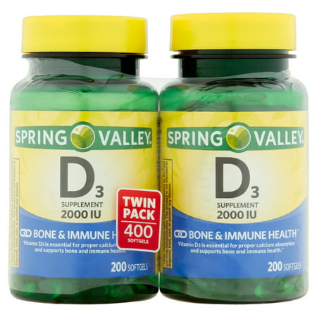 Spring Valley La vitamine D3 2000 UI Twin Pack Gélules Complément alimentaire, 400ct