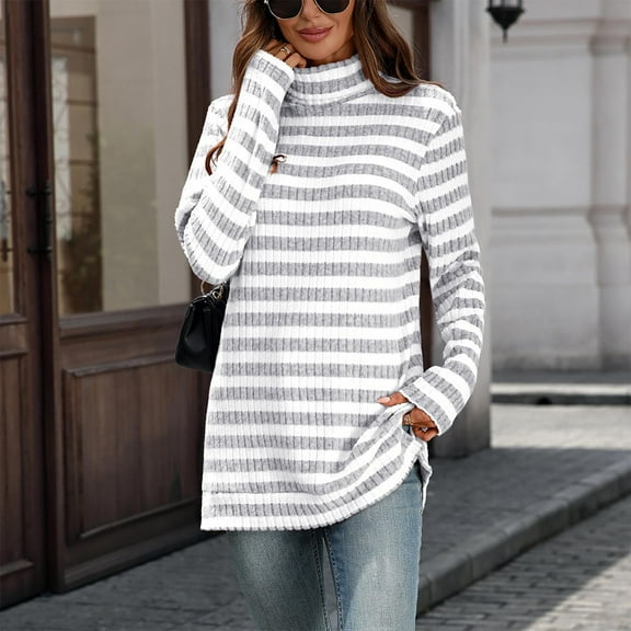 gbyLJF Womens Turtleneck Long Sleeve Tops Striped Printed Base Layer Shirts Fall Winter Casual Basic Pullover T-Shirts
