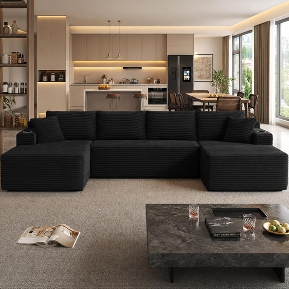 VEPXXP 134" U Shaped Boneless Sectional Modular Cloud Couch for Living Room, Oversized Corduroy Sofa Set with Deep Seat, 2 Cup Holders and 2 Side Pockets, No Assembly, Black