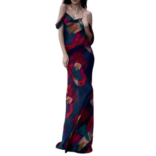 Mujeres Tie-Dye Verano Sin Mangas Moda Impreso Vestido Largo Sin Tirantes Fiesta Clubwear Nituyy Vestido largo estampado sin mangas de verano para mujer