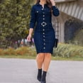 thumbnail image 2 of Women's Denim Dress Long Sleeve Slim Fit Button Front Lapel Belted Casual Elegant Stylish Comfortable Flattering Trendy, 2 of 2