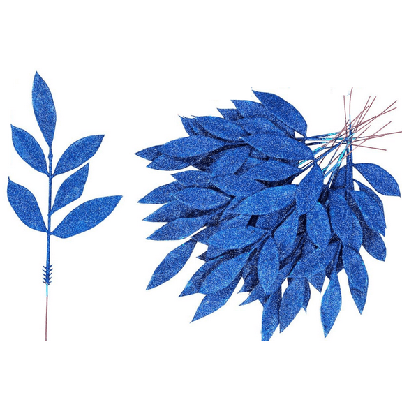 Blue Glitter Christmas Picks,13" Artificial Leaf Sprays, Glittered Christmas Tree Filler Branches Leaves Stems for Vase, DIY Crafts Wreaths Holiday Decorations, 20 Pack