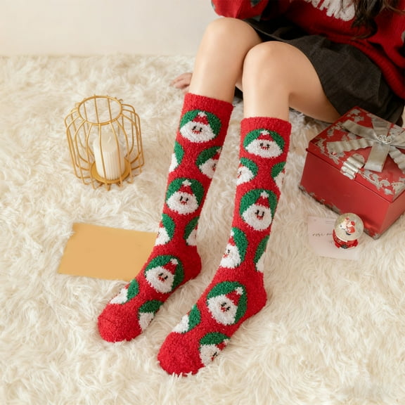 2-Pack Women's Knee-High Coral Fleece Socks, 16.5in Festive Christmas Prints - Santa/Snowman/Reindeer, Thickened Winter Warm Socks, Holiday Stocking Stuffer, Thoughtful Christmas Gift for Her