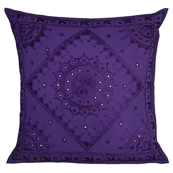Stylo Culture Ethnic Settee Sofa Throw Pillow Cover 24x24 Large Hand Embroidered Purple Boho 60cm x 60cm Home Decor Cotton Mirrored Square Cushion Cover | 1 Pc