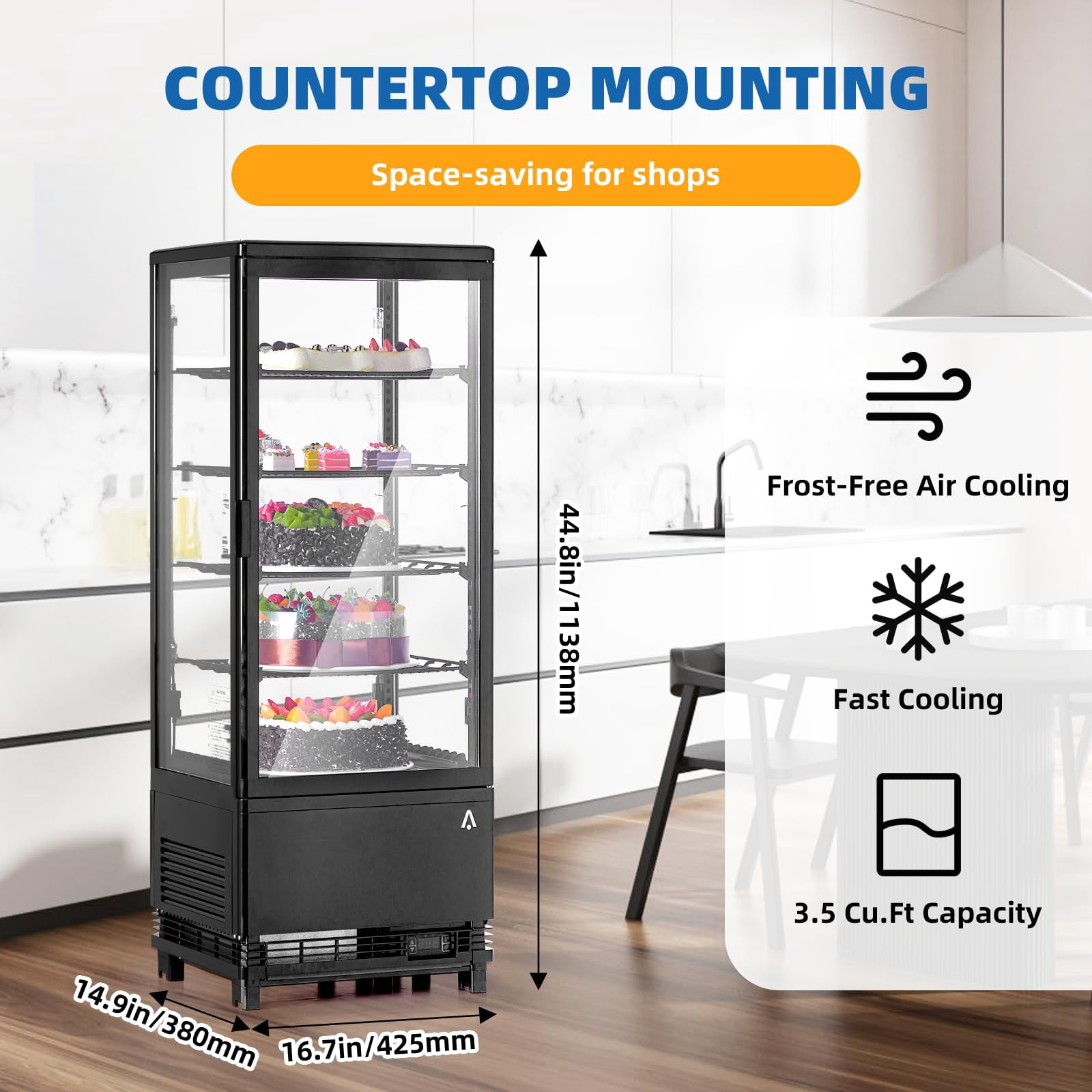 Commercial Cake Display Refrigerator, 3.5 Cu.FT Single-Door Merchandiser with Interior LED Lighting, Double-Layered Glass, Countertop/Floor Refrigerator, 110v