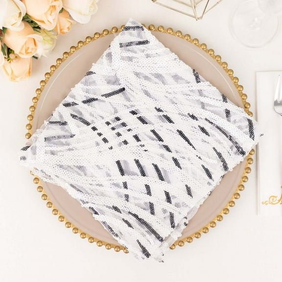 Efavormart White And Black Wave Embroidered Sequin Mesh Dinner Napkin, Reusable Decorative Napkin - 20"x20"