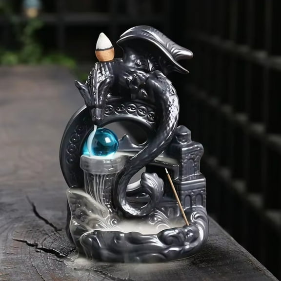 1pc Winged Dragon Backflow Incense Burner with Ocean Wave Design & Feng Shui Ball (Without Incense)