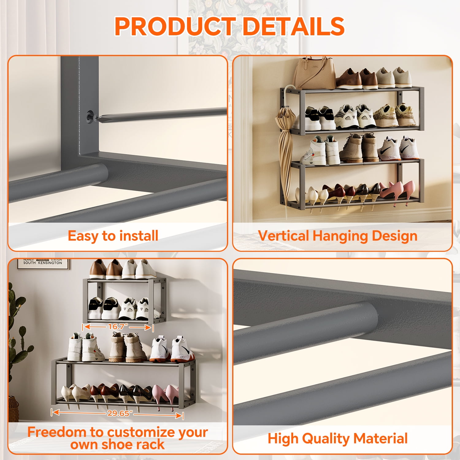Hanging Shoe Organizer,2 Pack Wall Mounted Shoe Rack Holds 12 Pairs,Space Saving Metal Wall Shoe Rack,Hanging Shoe Rack Shoe Holder for Small Space,Entryway,Closet,RV,Camper（Gray)