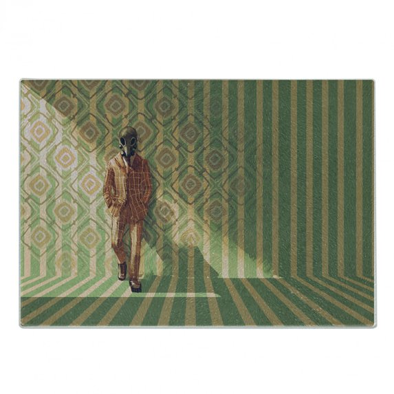 Fantasy Cutting Board, Mysterious Fashion Man with Suit Before Retro Style Backdrop Art, Decorative Tempered Glass Cutting and Serving Board, Small Size, Orange Green, by Ambesonne
