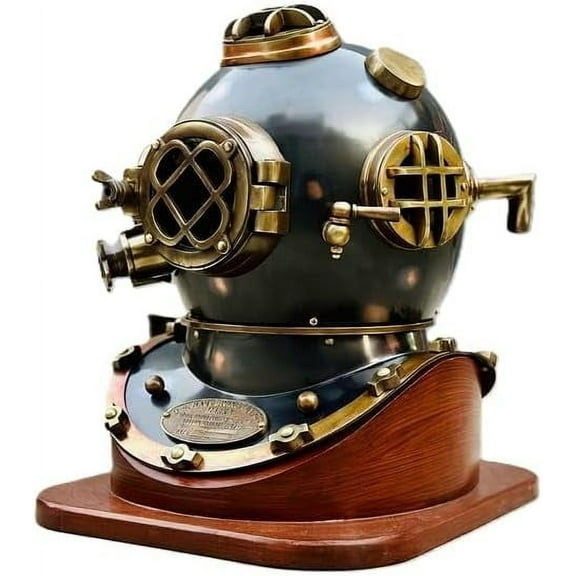 US Navy Mark V Scuba Diving Helmet with Wooden Base | Antique Two-Ton 18" Deep Sea Nautical Decorative Helmet