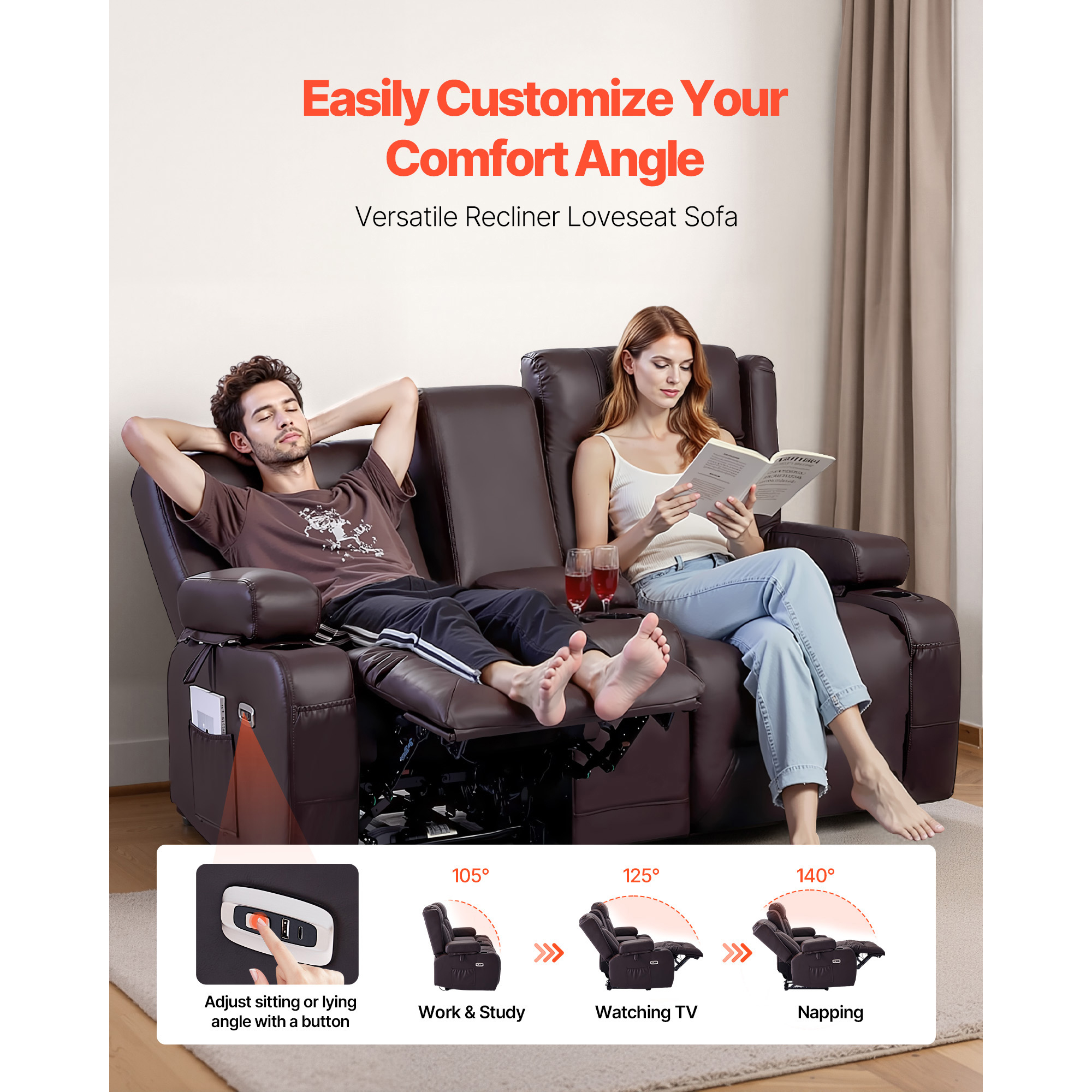 KFFKFF Reclining Loveseat Sofa with Heating, Massage, and Timer, PU Leather Electric Couch with Center Console, USB Ports, Cup Holders, and Side Pockets for Living Room