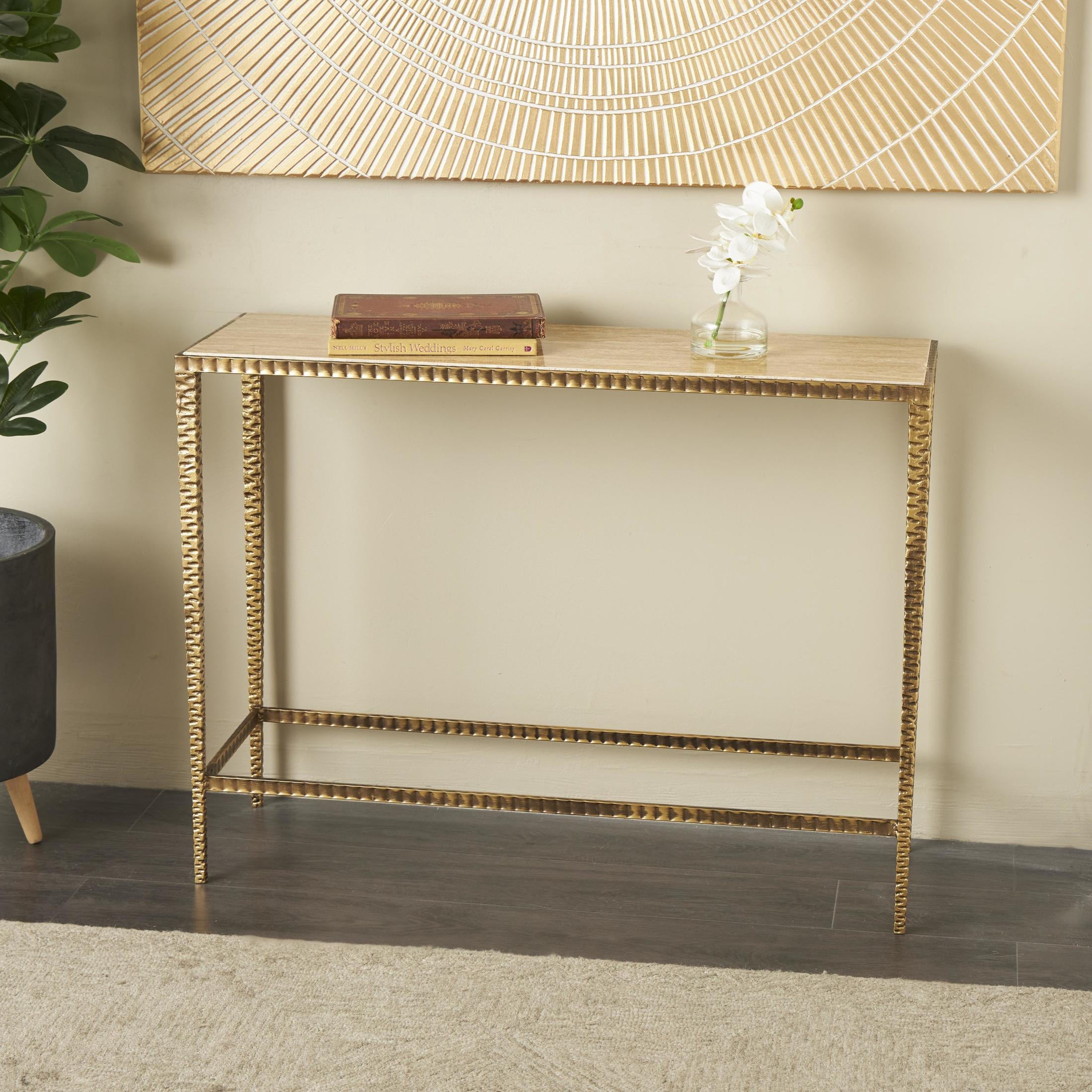 DecMode 37" x 28" Beige Marble Slim Rectangular Console Table with Hammered Gold Metal Legs, 1-Piece