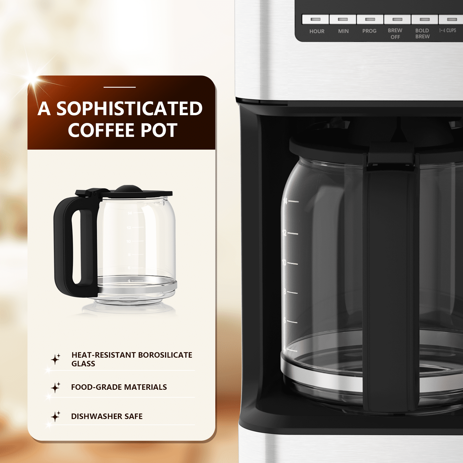 FREE VILLAGE Coffee Maker, Drip Coffee Machine, 14-Cup Glass Carafe, 24 Hours Programmable Coffee Brewer, Keep Warm,Washable Filter,Stainless Steel,Silver