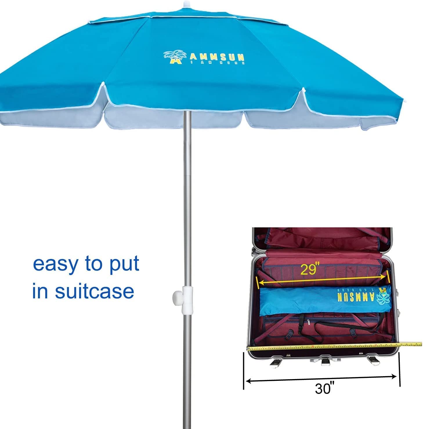 AMMSUN 6.5ft Twice Folded Portable Travel Beach Umbrella with Sand Anchor UPF50+ Protection,Sky Blue