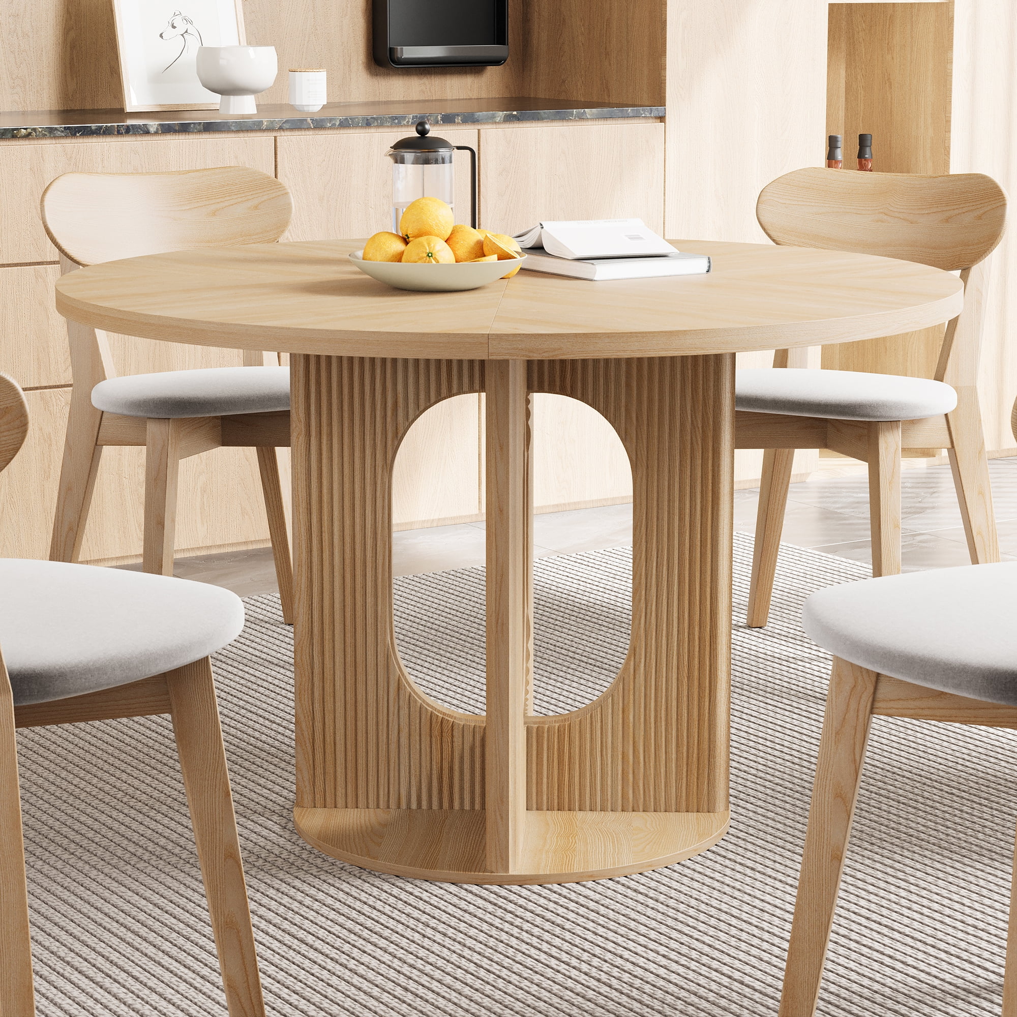 PHOYAL 47 inch Round Dining Table, Circle Kitchen Table for 4-6, Large Wood Dinner Table, Wooden Fluted Pedestal Dinning Table for Dining Room, Mid Century Modern Style, Natural
