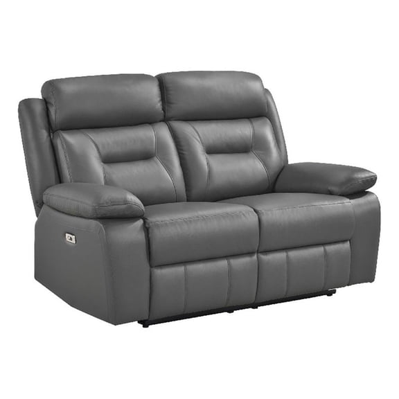 Conia Power Double Recliner Loveseat-Dark Gray Leather-USB-63 Inch