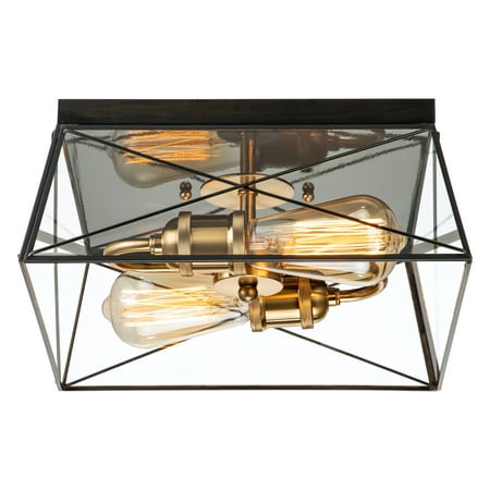 2-Light Copper Frame Brass and Dark Bronze Finish Flush Mount Ceiling Light Fixture With Clear Glass Shade