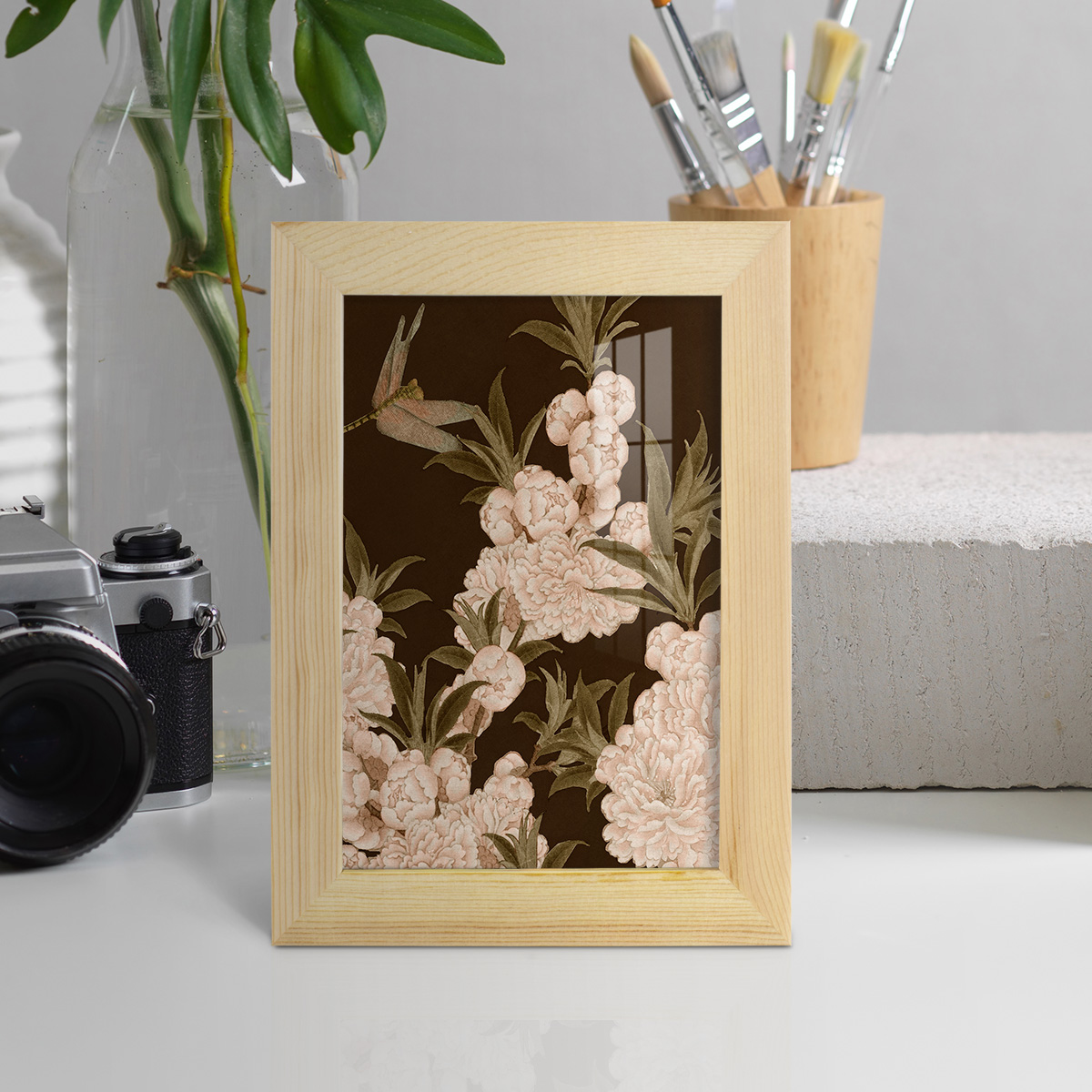 Asian Brocade III - Framed Print w/glass - Natural Wood