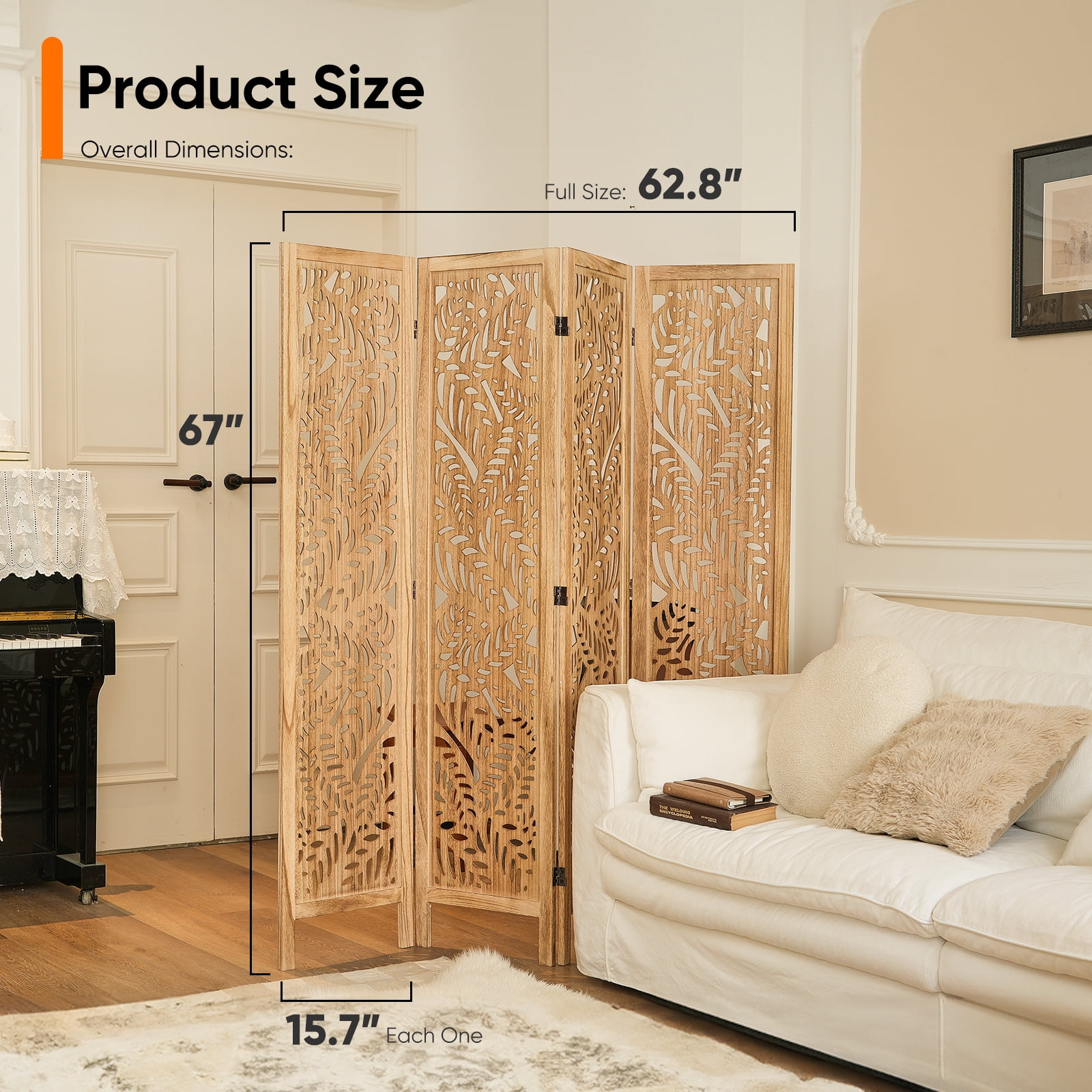 Jostyle 4 Panel Solid Wood Room Divider Privacy Screen - Freestanding Folding Partition with Leaves Openwork Design, Paulownia Wood Frame Natural, No Assembly for Living Room, Bedroom, Office
