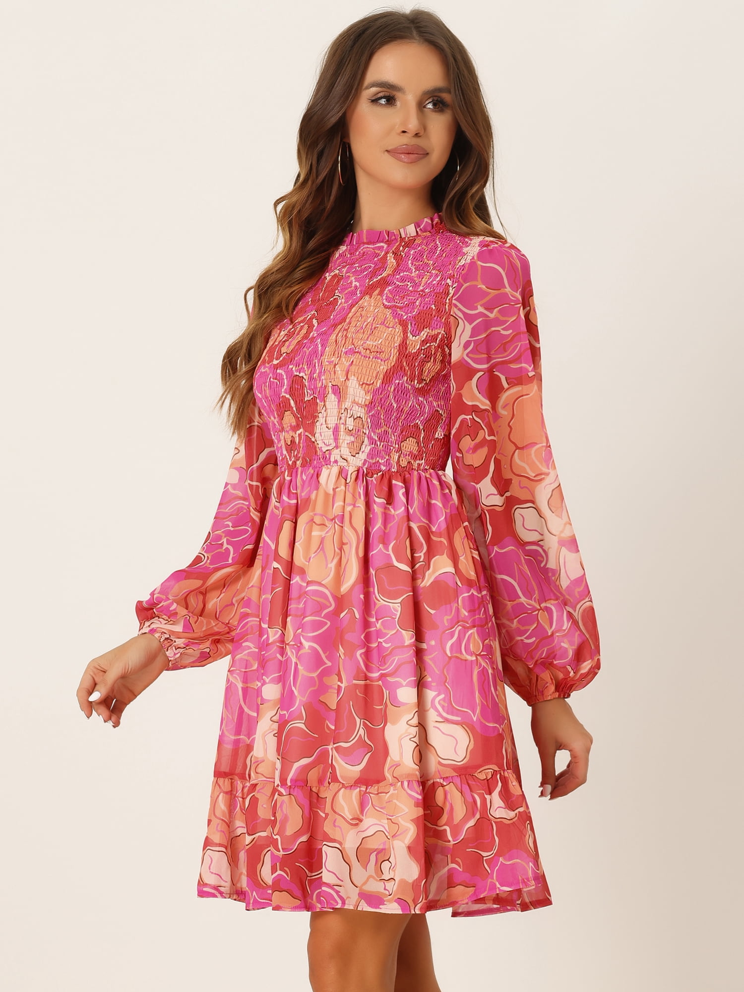 DARING DIVA Smocked Ruffle Neck Chiffon Dress XS Rose Pink