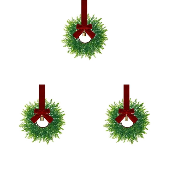 3 Pcs 9.8" Small Christmas Cabinets Wreaths Mini Wreaths for Kitchen Window Chair Backs with Ribbon Bell Artificial Greenery for Farmhouse Holiday Decoration