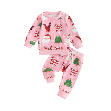 

Newborn Infant Baby Girl Christmas Outfit Long Sleeve Crewneck Sweatshirt Pant Set Toddler Fall Winter Clothes