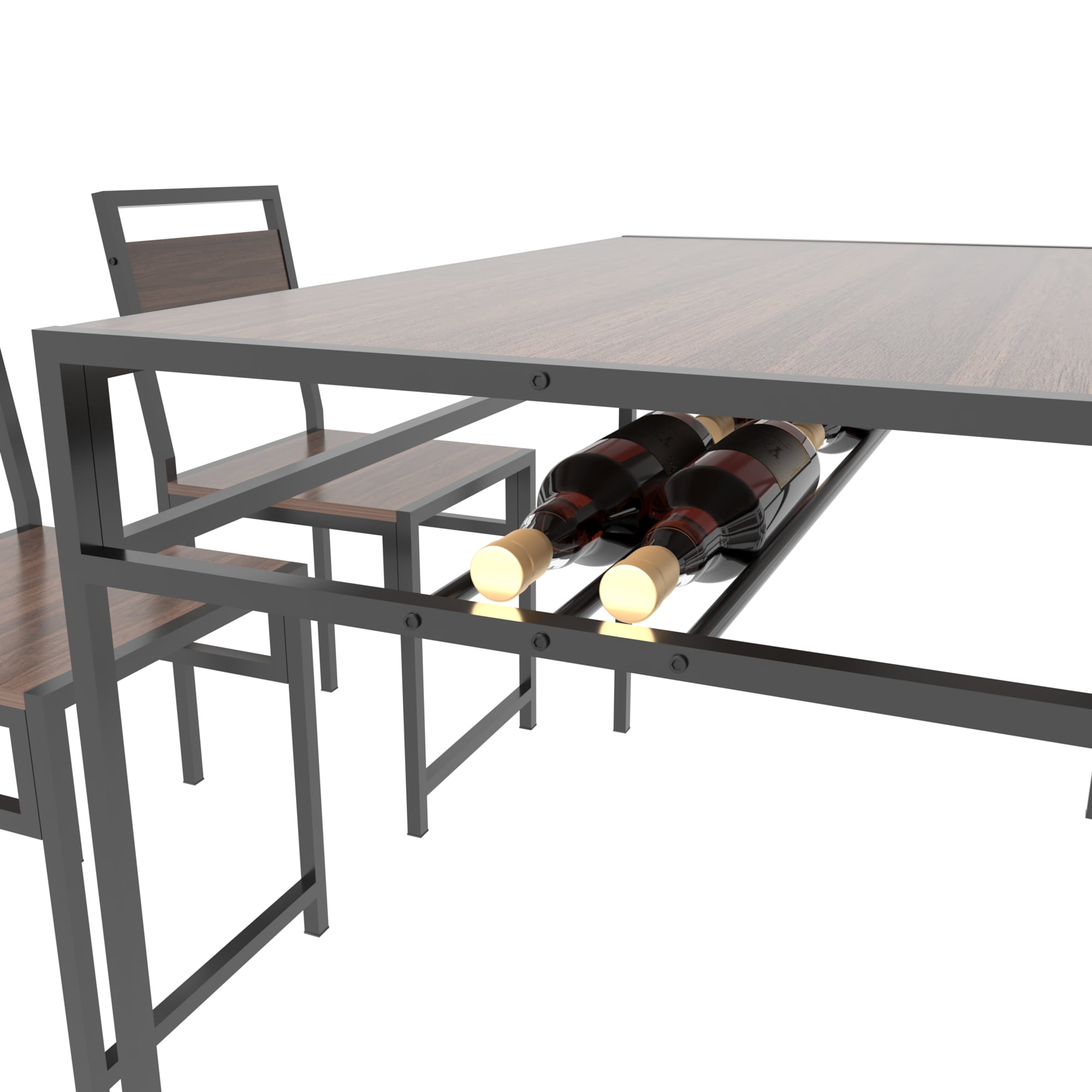 GARITIN 4 Piece Rectangular Dining Table Set with 4 Chairs, Kitchen Table with Built in Wine Storage Rack for Apartment Dining Room, Walnut