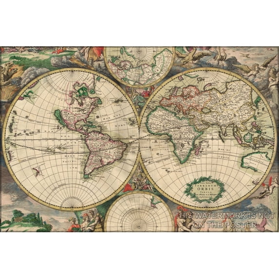 24"x36" Gallery Poster, world map 1689 produced in Amsterdam in 1689, by van Schagen