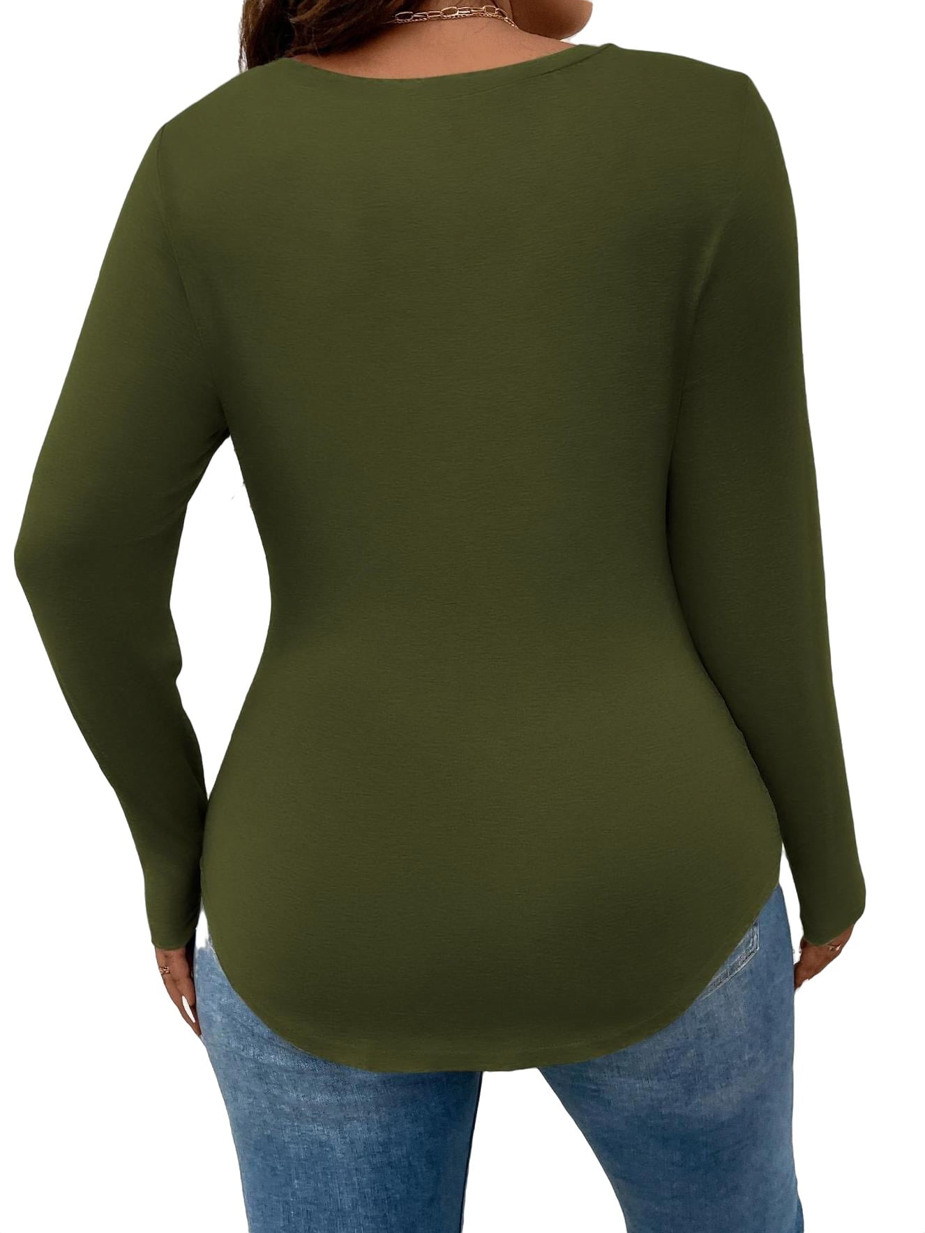 Casual Solid Scoop Neck Long Sleeve Army Green Plus Size T